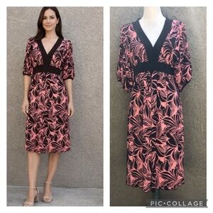 Enfocus Studio Brown and salmon color Leaf Print Midi Dress